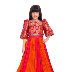 Tiny Kingdom Orange Brocade Top & Pink Pleated Lehenga Skirt for Girls