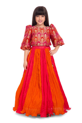 Tiny Kingdom Orange Brocade Top & Pink Pleated Lehenga Skirt for Girls