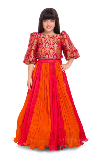 Tiny Kingdom Orange Brocade Top & Pink Pleated Skirt for Girls