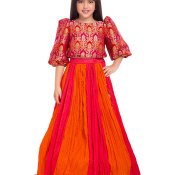 Tiny Kingdom Orange Brocade Top & Pink Pleated Skirt for Girls
