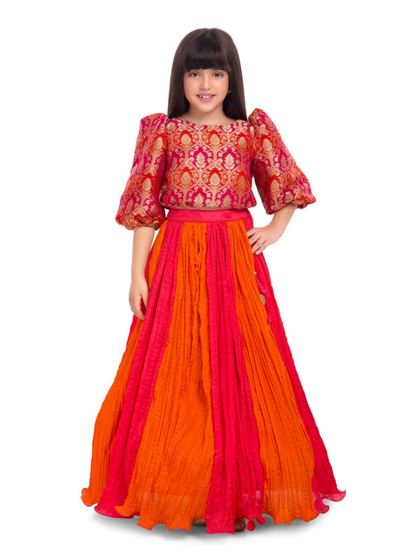 Tiny Kingdom Orange Brocade Top & Pink Pleated Lehenga Skirt for Girls