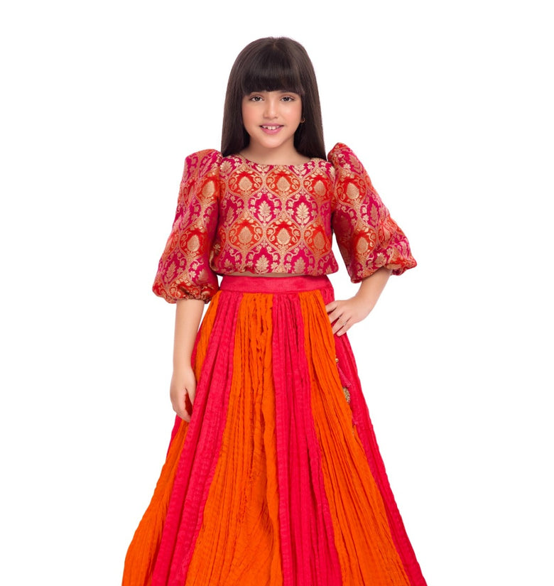Tiny Kingdom Orange Brocade Top & Pink Pleated Lehenga Skirt for Girls