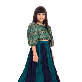 Tiny Kingdom Green Brocade Top with Pleated Lehenga Skirt for Girls