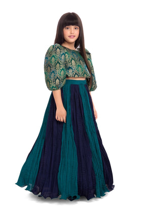 Tiny Kingdom Green Brocade Top with Pleated Lehenga Skirt for Girls
