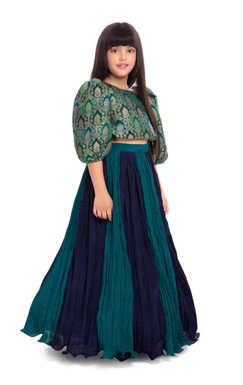 Tiny Kingdom Green Brocade Top with Pleated Skirt for Girls