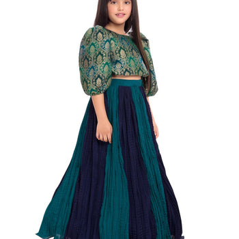 Tiny Kingdom Green Brocade Top with Pleated Skirt for Girls