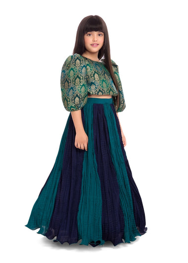 Tiny Kingdom Green Brocade Top with Pleated Skirt for Girls