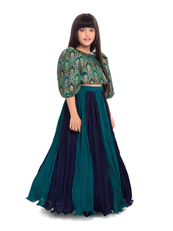 Tiny Kingdom Green Brocade Top with Pleated Lehenga Skirt for Girls