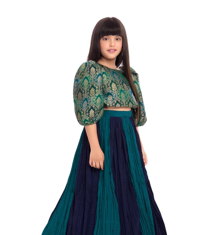 Tiny Kingdom Green Brocade Top with Pleated Lehenga Skirt for Girls