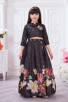 Tiny Kingdom Black Floral Lehenga Set for Girls