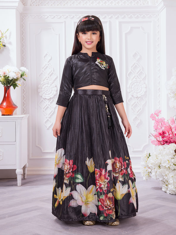 Tiny Kingdom Black Floral Lehenga Set for Girls
