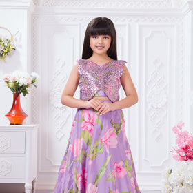 Tiny Kingdom Purple Floral Sequin Lehenga Set for Girls