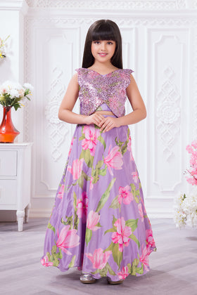 Tiny Kingdom Purple Floral Sequin Lehenga Set for Girls