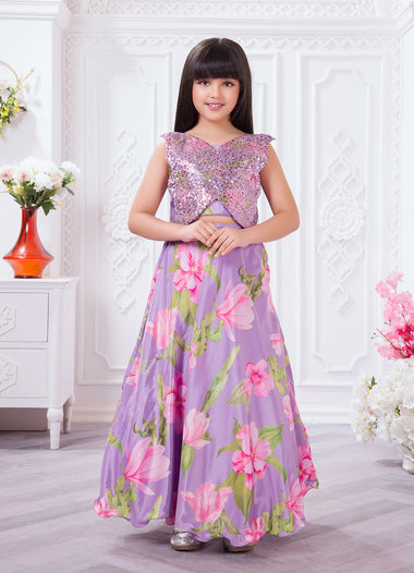 Tiny Kingdom Purple Floral Sequin Lehenga Set for Girls
