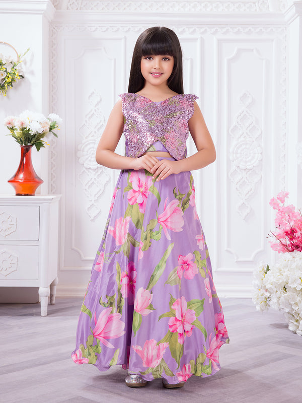 Tiny Kingdom Purple Floral Sequin Lehenga Set for Girls