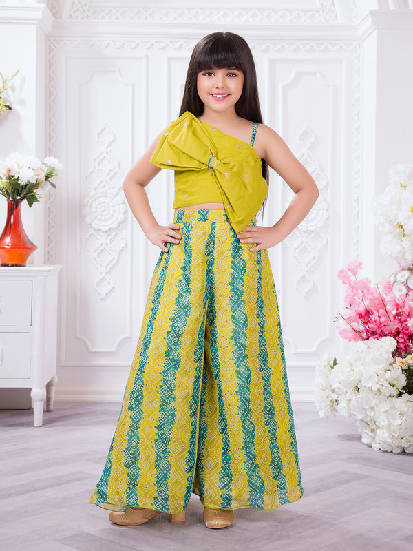 Tiny Kingdom Mustard One-Shoulder Lehenga Set for Girls