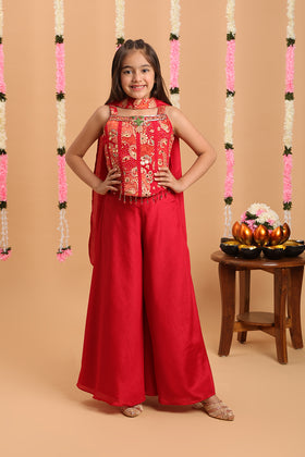 Tiny Kingdom Red Color Beads Floral Sequin Palazzo Set With Dupatta