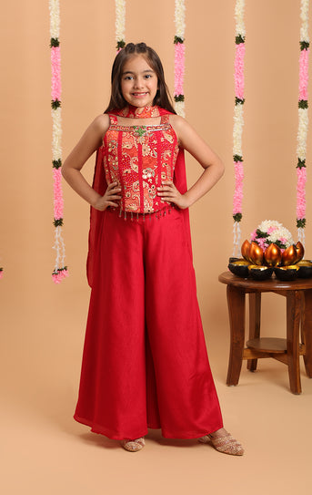 Tiny Kingdom Red Color Beads Floral Sequin Palazzo Set With Dupatta