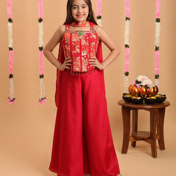 Tiny Kingdom Red Color Beads Floral Sequin Palazzo Set With Dupatta