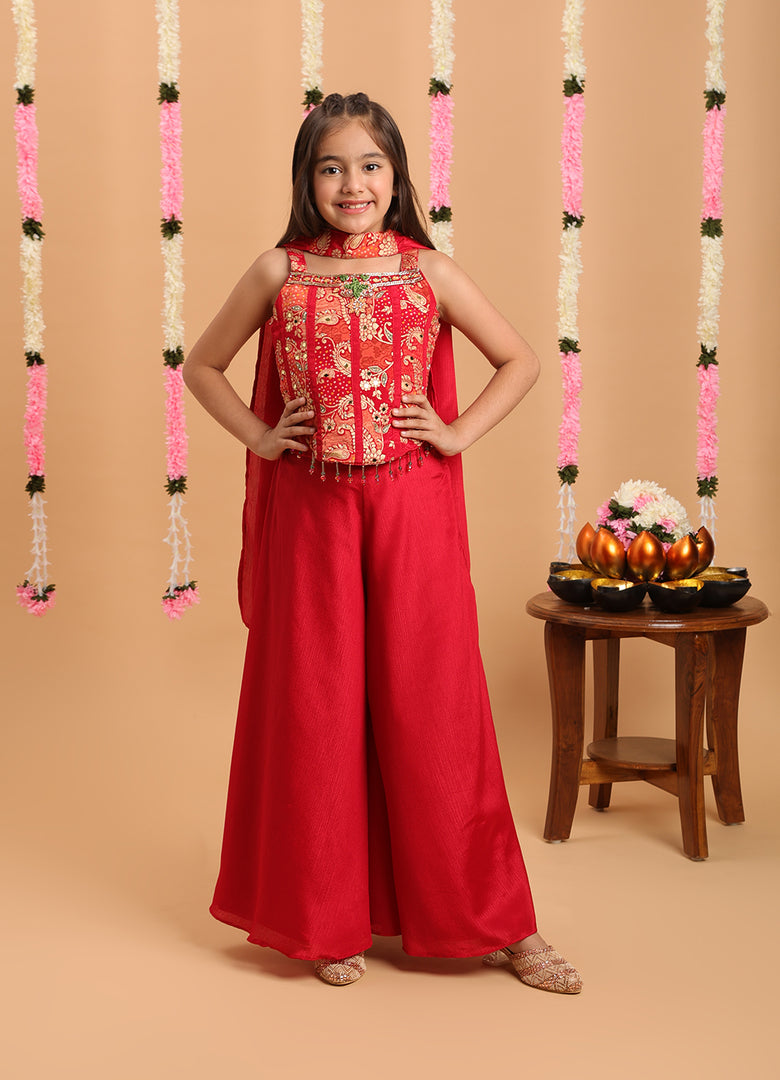 Tiny Kingdom Red Color Beads Floral Sequin Palazzo Set With Dupatta