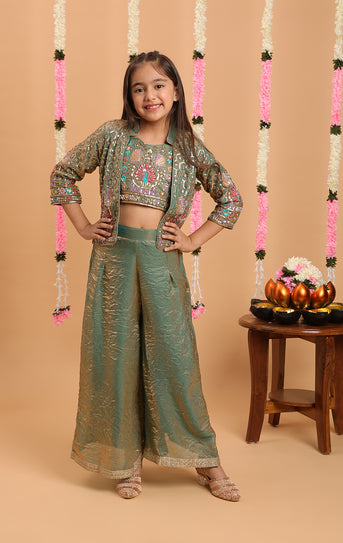 Tiny Kingdom Green Color Beads Floral Sequin Palazzo Set With Jacket