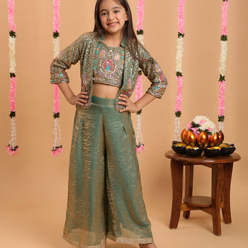 Tiny Kingdom Green Color Beads Floral Sequin Palazzo Set With Jacket