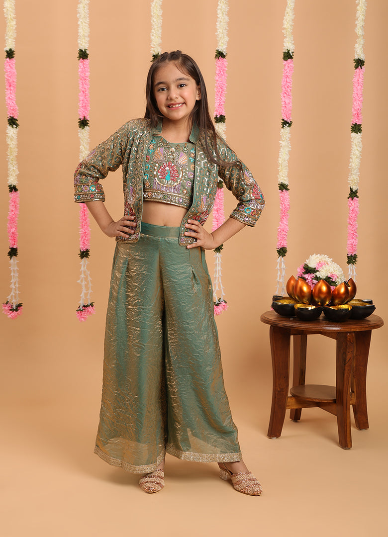 Tiny Kingdom Green Color Beads Floral Sequin Palazzo Set With Jacket