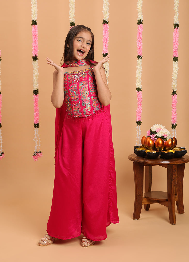 Tiny Kingdom Rani Color Beads Floral Sequin Palazzo Set With Dupatta
