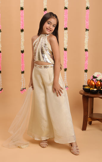 Tiny Kingdom Cream Color Floral Sequin Palazzo Set With Dupatta and Inner