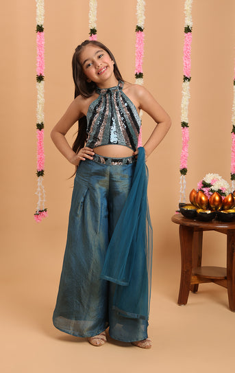 Tiny Kingdom Green Color Floral Sequin Palazzo Set With Dupatta and Inner