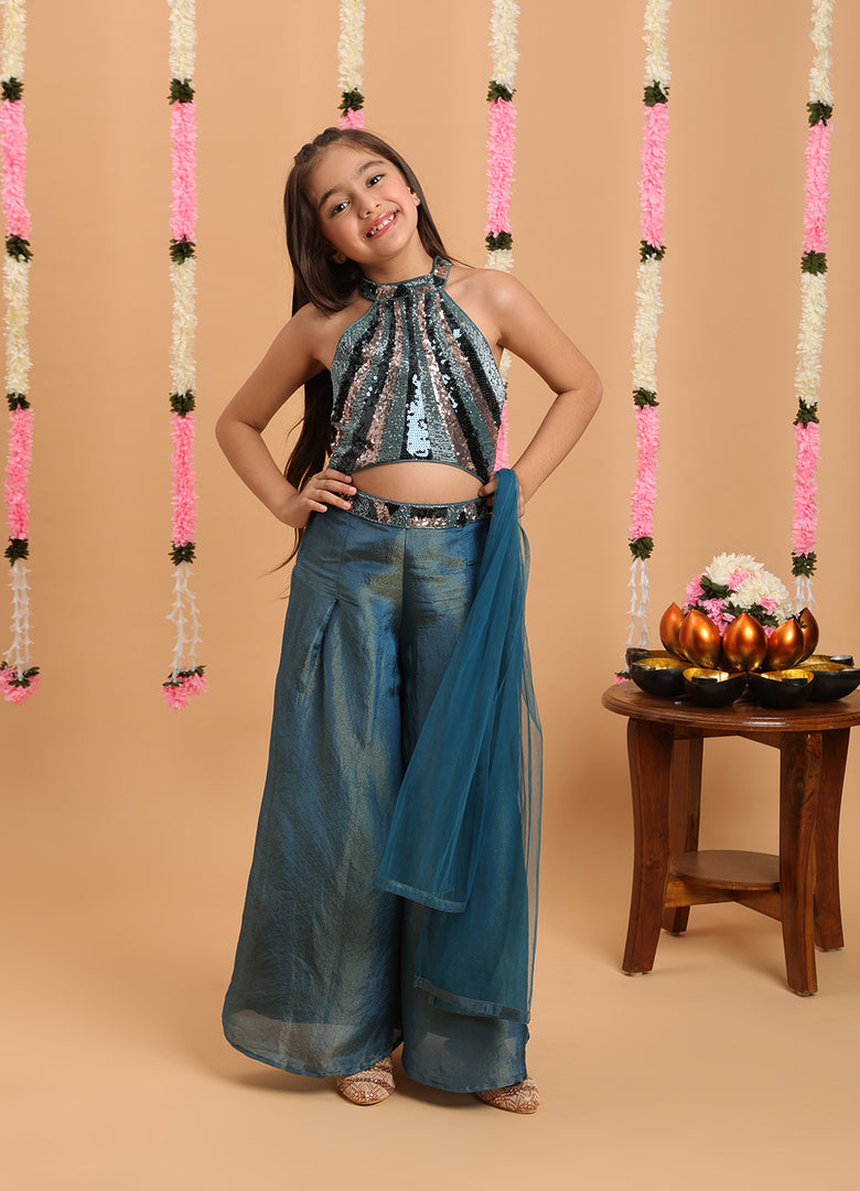 Tiny Kingdom Green Color Floral Sequin Palazzo Set With Dupatta and Inner