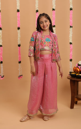Tiny Kingdom Pink Color Beads Floral Sequin Palazzo Set With Jacket