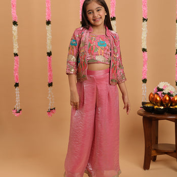 Tiny Kingdom Pink Color Beads Floral Sequin Palazzo Set With Jacket