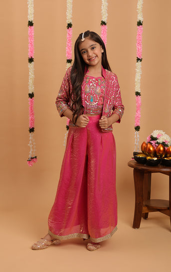 Tiny Kingdom Pink Color Beads Floral Sequin Palazzo Set With Jacket