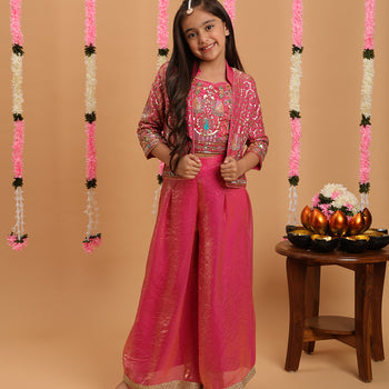 Tiny Kingdom Pink Color Beads Floral Sequin Palazzo Set With Jacket