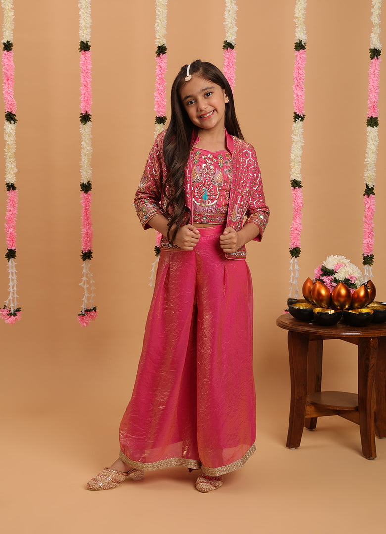 Tiny Kingdom Pink Color Beads Floral Sequin Palazzo Set With Jacket
