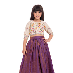 Tiny Kingdom Ivory Embroidered Top with Purple Lehenga Skirt for Girls