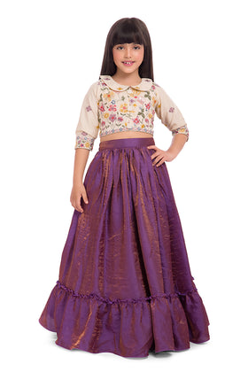 Tiny Kingdom Ivory Embroidered Top with Purple Lehenga Skirt for Girls