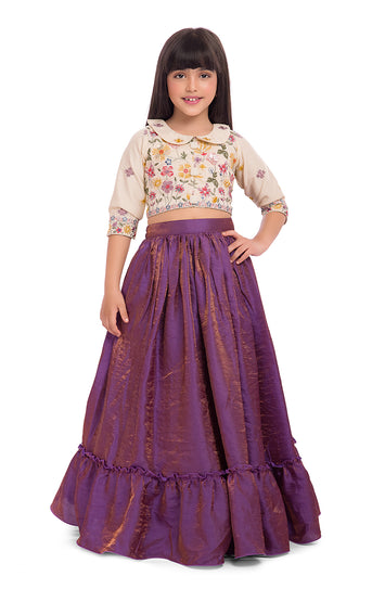 Tiny Kingdom Ivory Embroidered Top with Purple Skirt for Girls