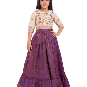 Tiny Kingdom Ivory Embroidered Top with Purple Skirt for Girls
