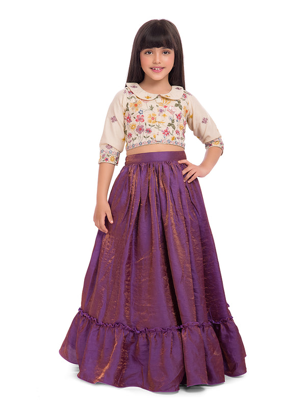 Tiny Kingdom Ivory Embroidered Top with Purple Lehenga Skirt for Girls