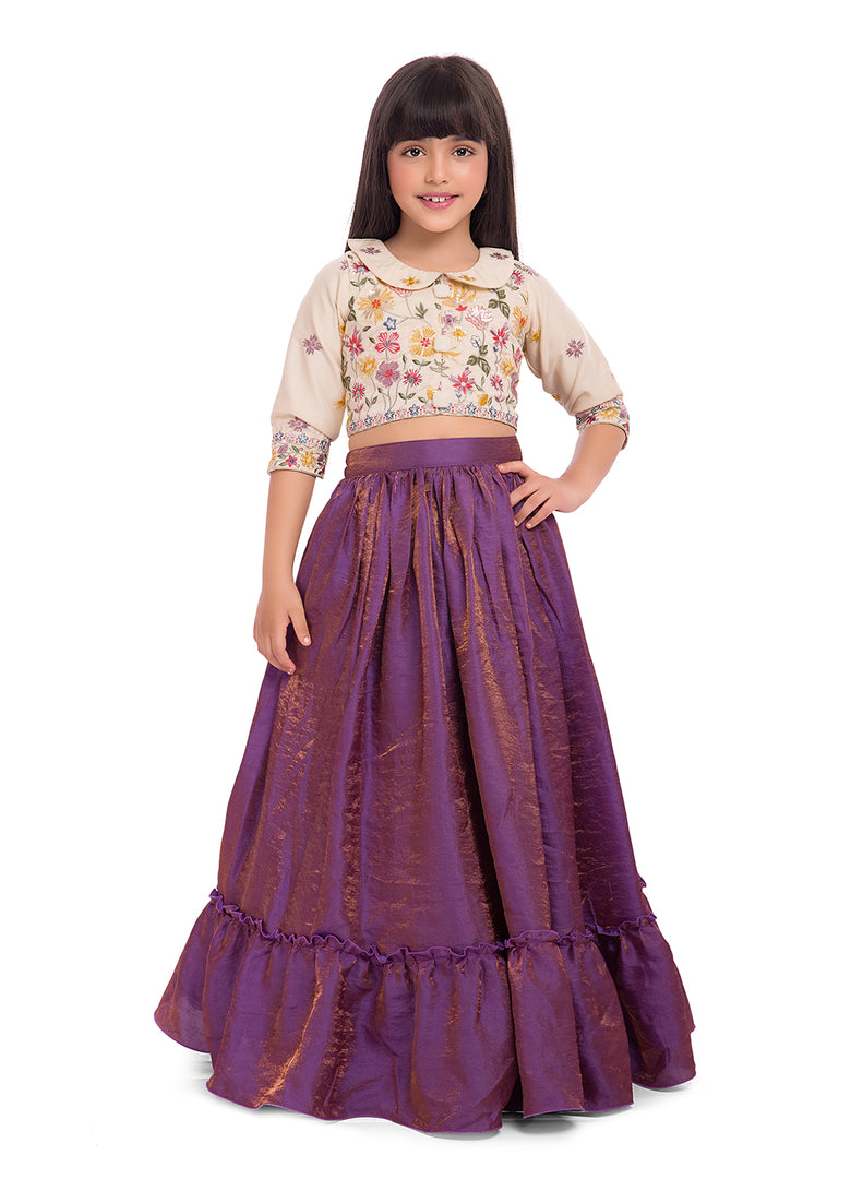 Tiny Kingdom Ivory Embroidered Top with Purple Skirt for Girls