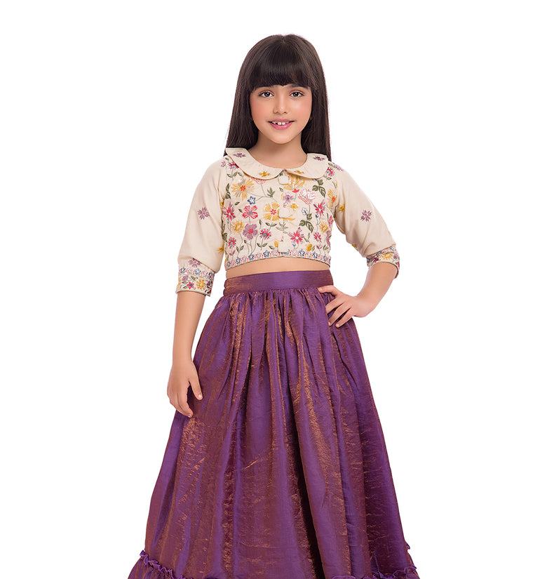 Tiny Kingdom Ivory Embroidered Top with Purple Lehenga Skirt for Girls