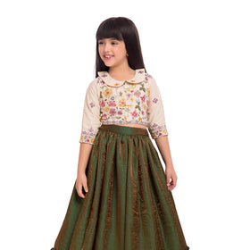 Tiny Kingdom Ivory Embroidered Top with Green Lehenga Skirt for Girls