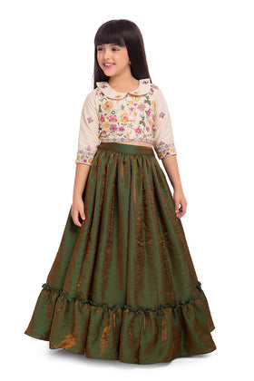 Tiny Kingdom Ivory Embroidered Top with Green Lehenga Skirt for Girls