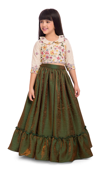 Tiny Kingdom Ivory Embroidered Top with Green Skirt for Girls