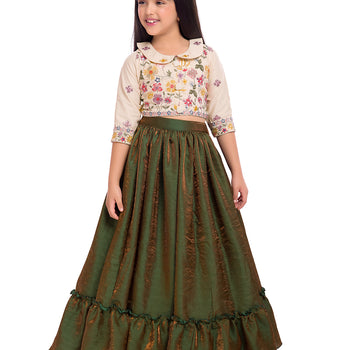 Tiny Kingdom Ivory Embroidered Top with Green Skirt for Girls