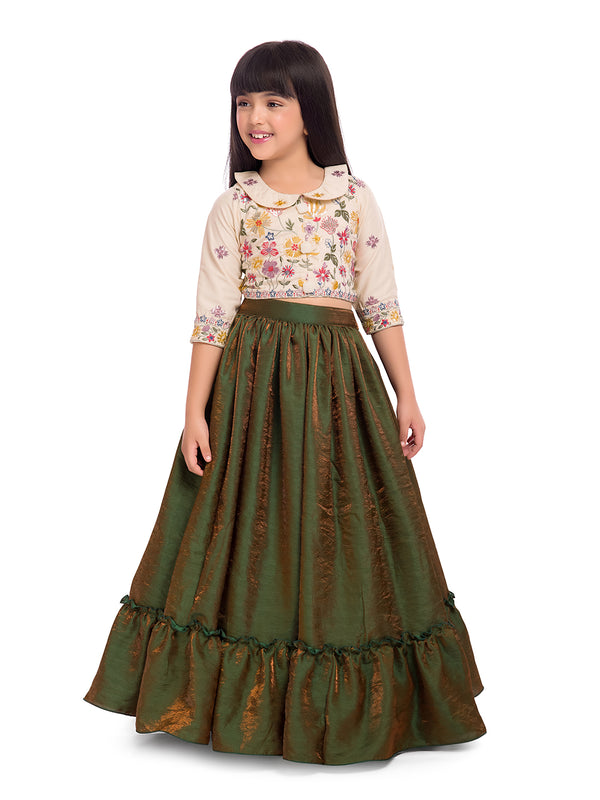 Tiny Kingdom Ivory Embroidered Top with Green Lehenga Skirt for Girls