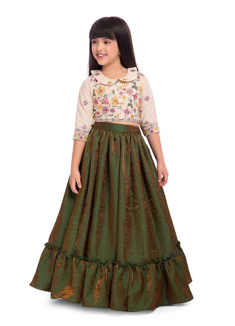 Tiny Kingdom Ivory Embroidered Top with Green Skirt for Girls