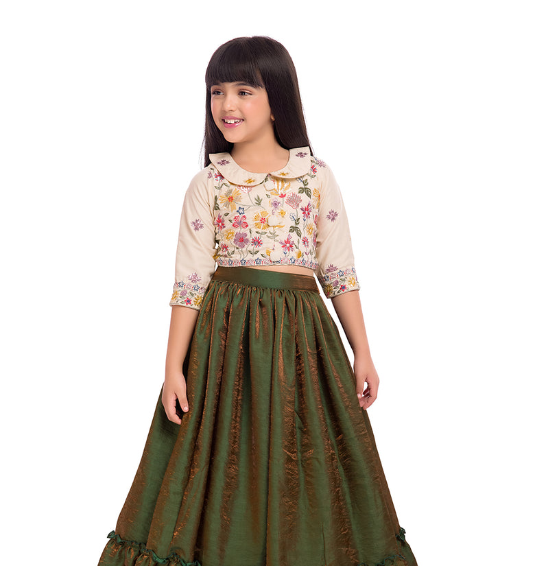 Tiny Kingdom Ivory Embroidered Top with Green Lehenga Skirt for Girls